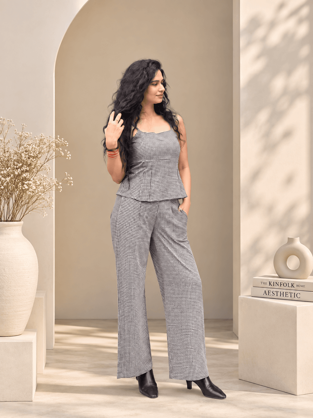 Women Black White Gingham Checkered Co-ord Set | Sleeveless Peplum Top & Wide Leg Pants | Casual Western Wear — view 1