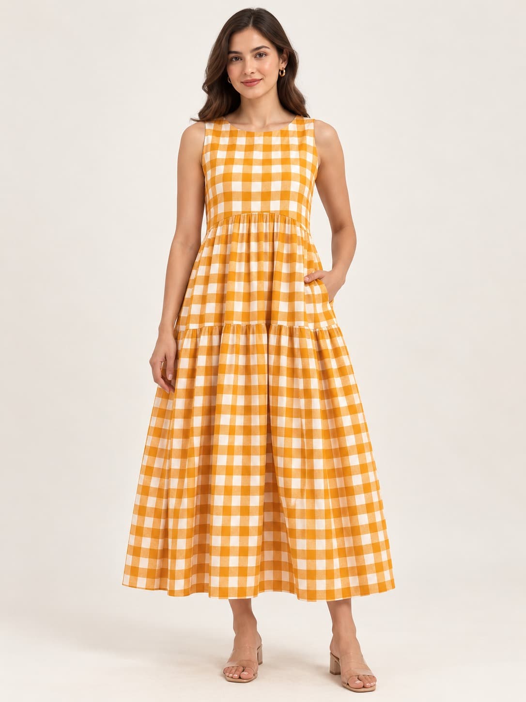 Yellow & White Checked Dress For Womens alternate view