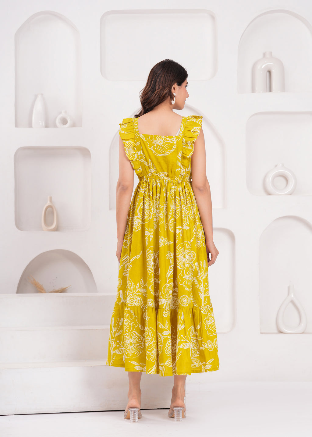 Green Floral Print Tiered Maxi Dress with Ruffle Sleeves & Pockets