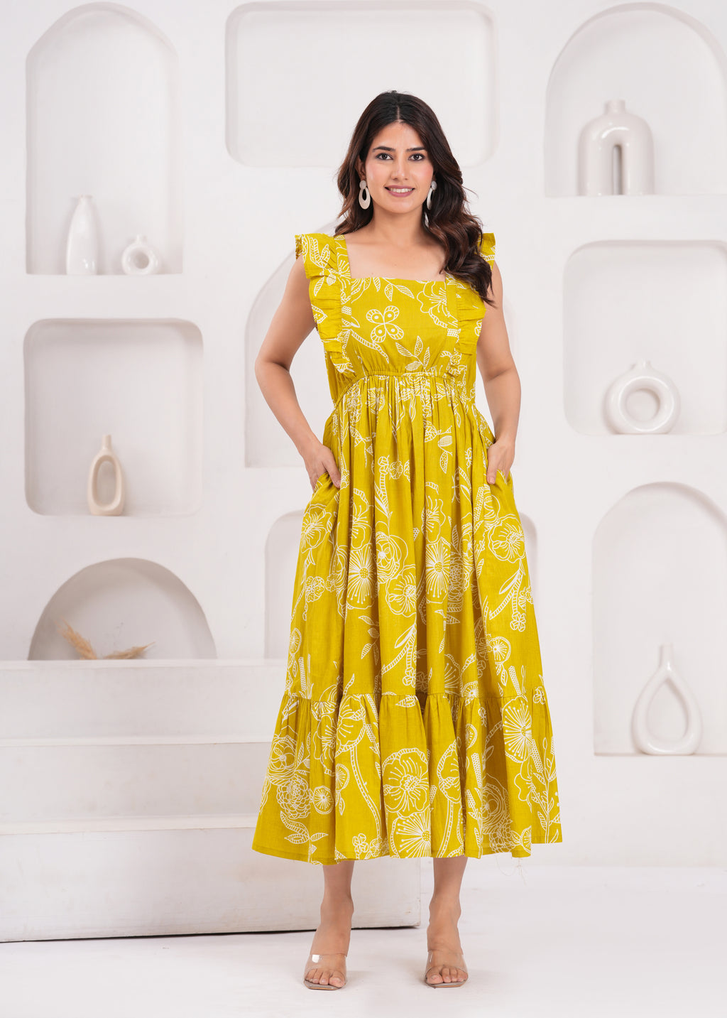 Green Floral Print Tiered Maxi Dress with Ruffle Sleeves & Pockets