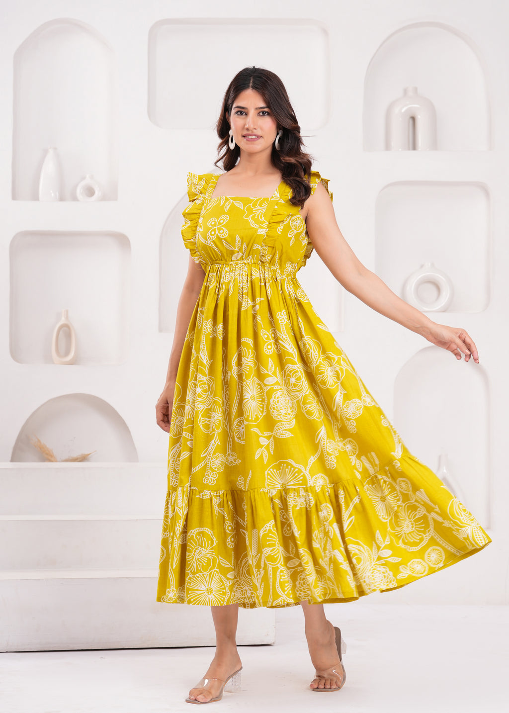 Green Floral Print Tiered Maxi Dress with Ruffle Sleeves & Pockets