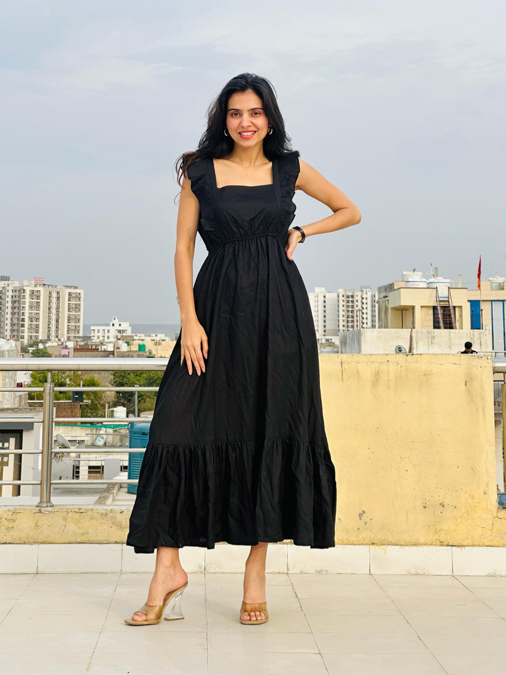 Classic Black Tiered Maxi Dress with Ruffle Sleeves & Square Neckline