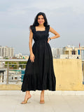 Classic Black Tiered Maxi Dress with Ruffle Sleeves & Square Neckline