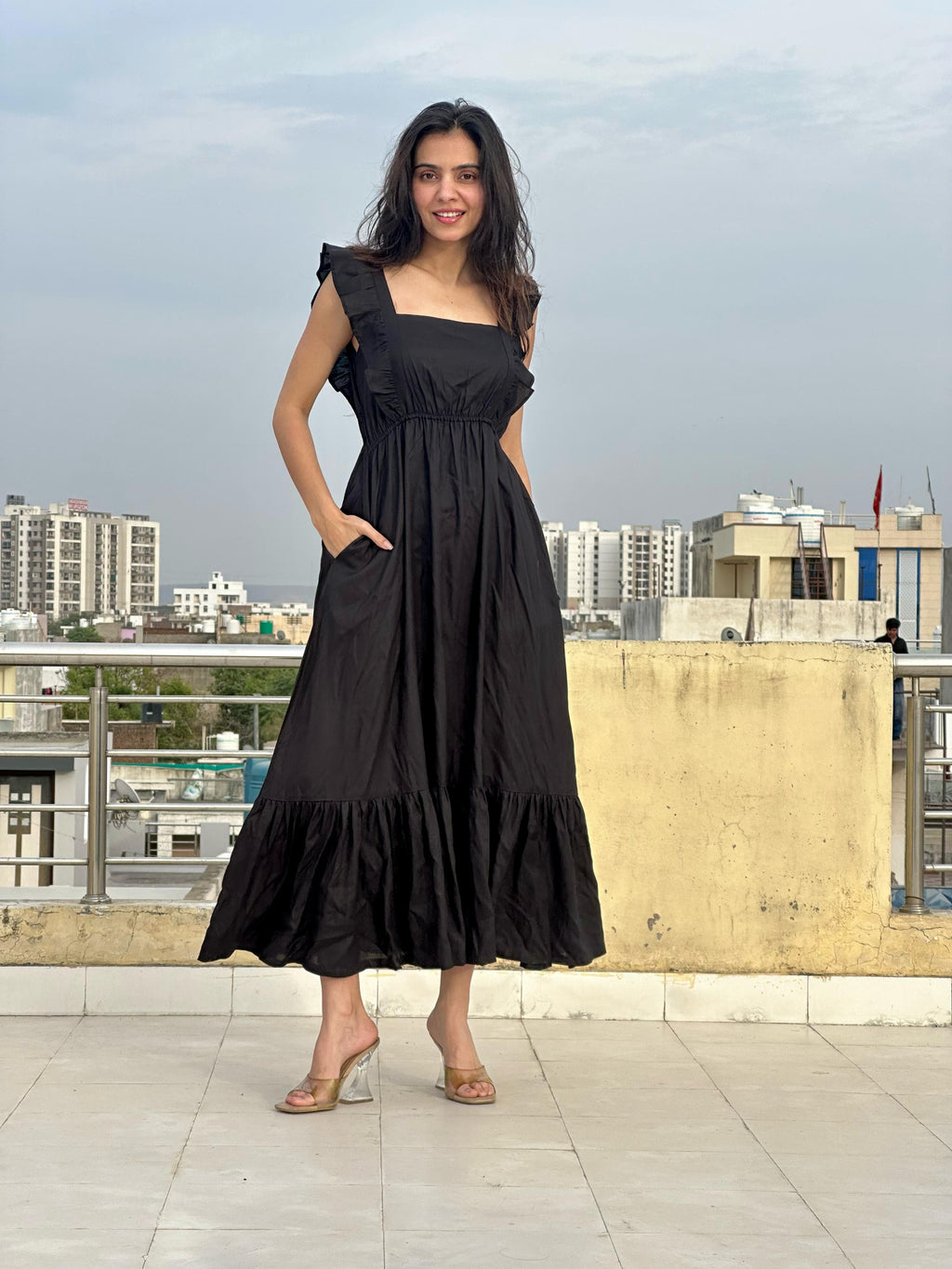 Classic Black Tiered Maxi Dress with Ruffle Sleeves & Square Neckline