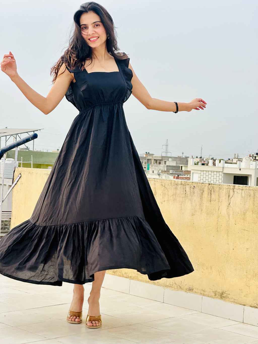 Classic Black Tiered Maxi Dress with Ruffle Sleeves & Square Neckline