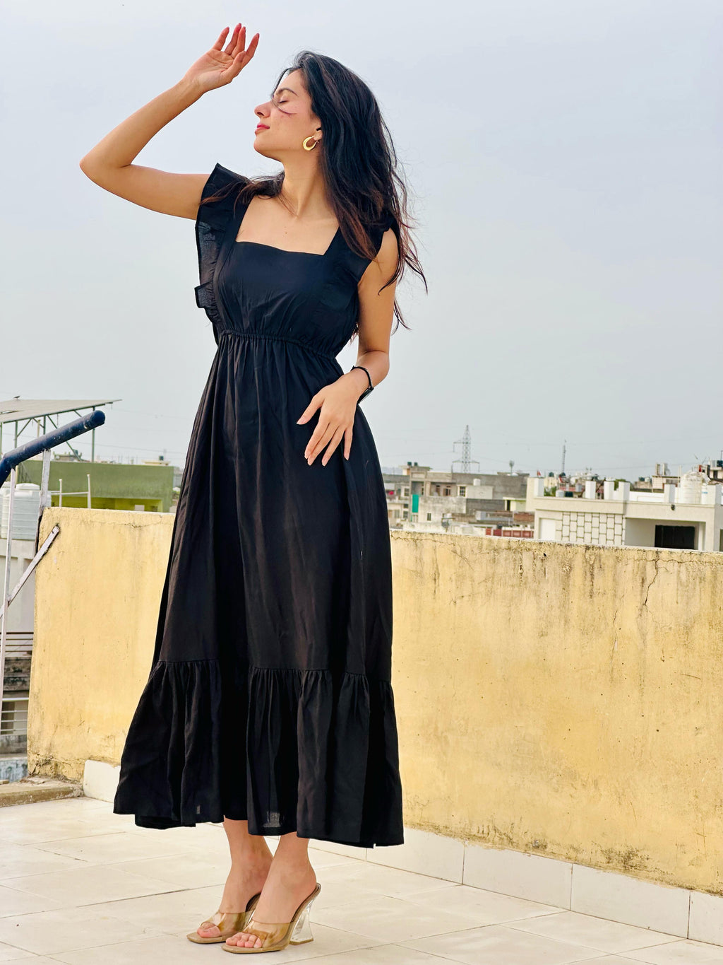 Classic Black Tiered Maxi Dress with Ruffle Sleeves & Square Neckline