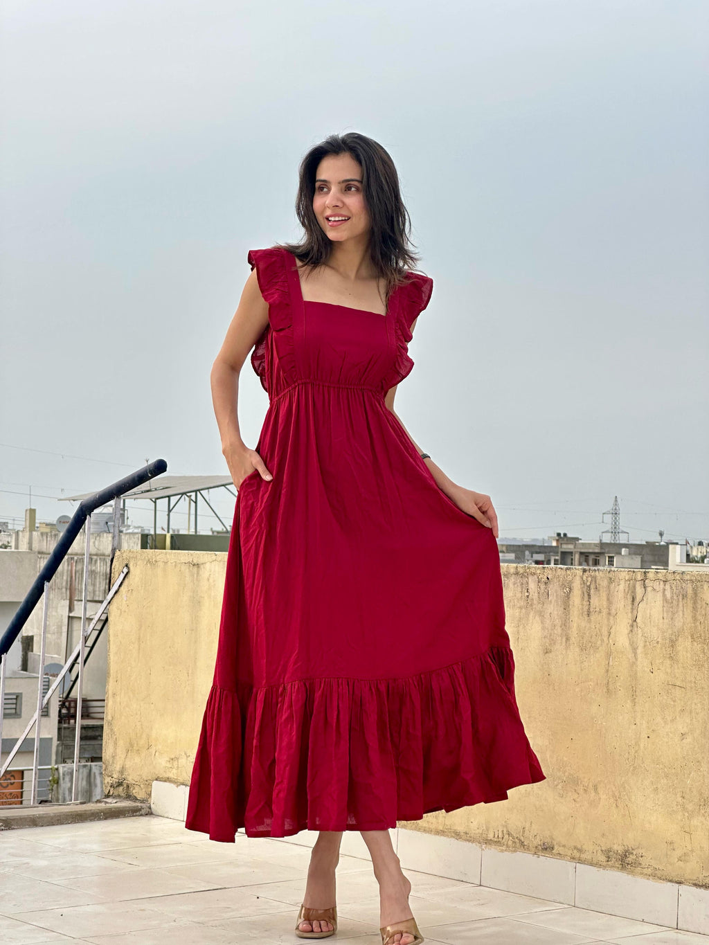 Elegant Maroon Tiered Maxi Dress with Ruffle Sleeves