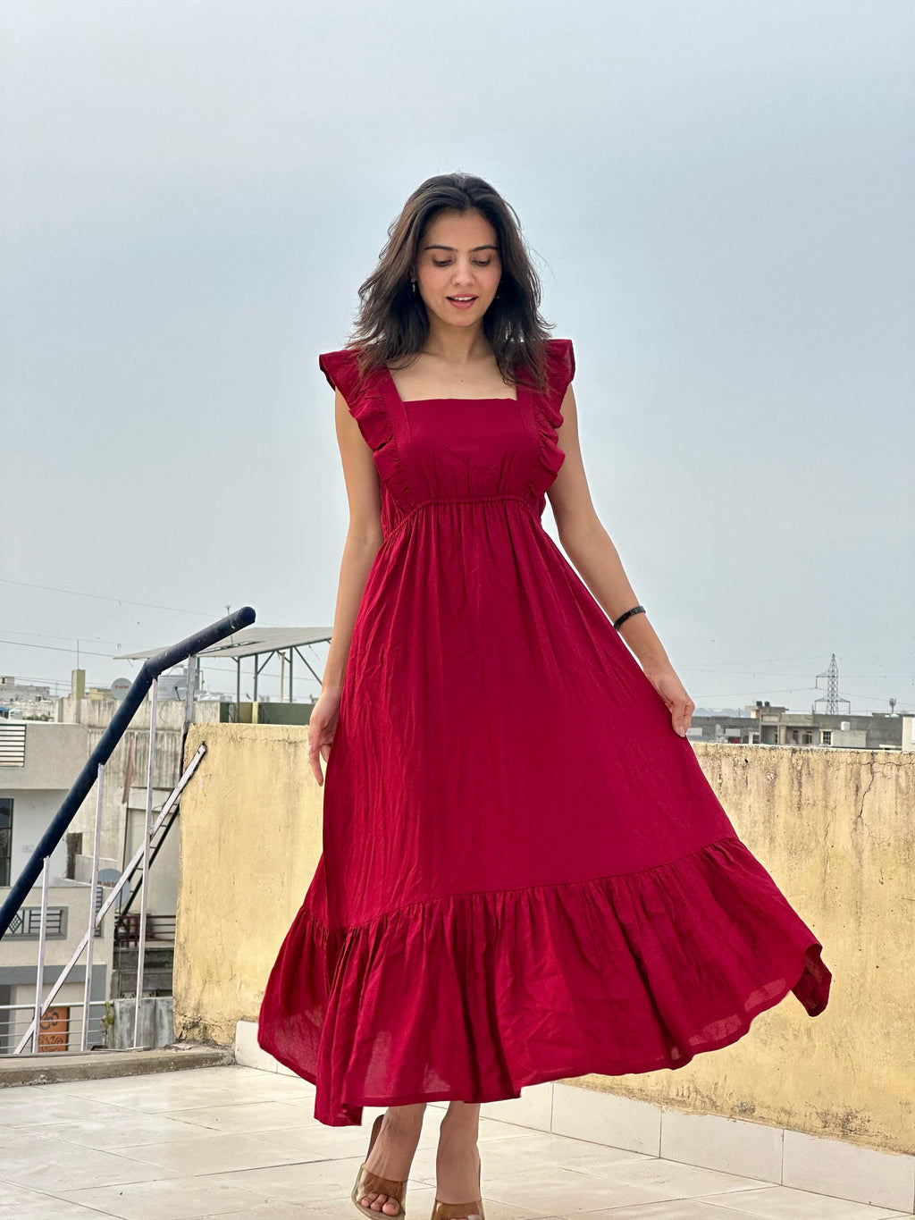 Elegant Maroon Tiered Maxi Dress with Ruffle Sleeves