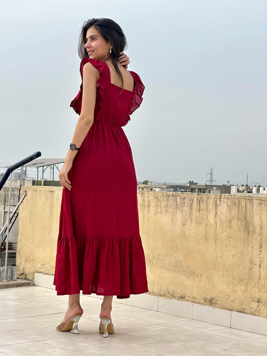 Elegant Maroon Tiered Maxi Dress with Ruffle Sleeves