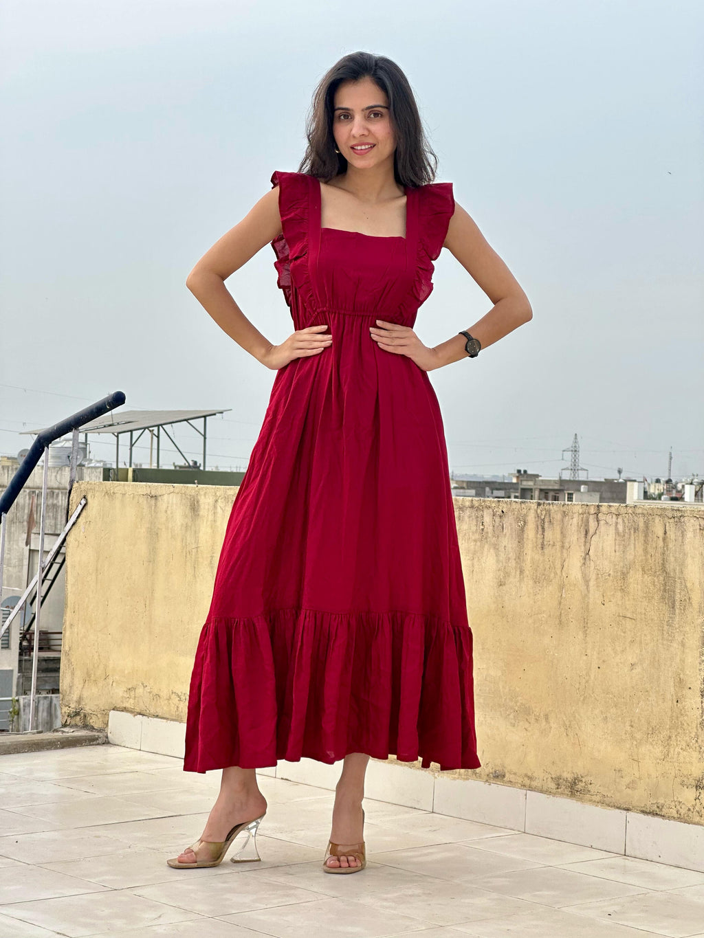 Elegant Maroon Tiered Maxi Dress with Ruffle Sleeves