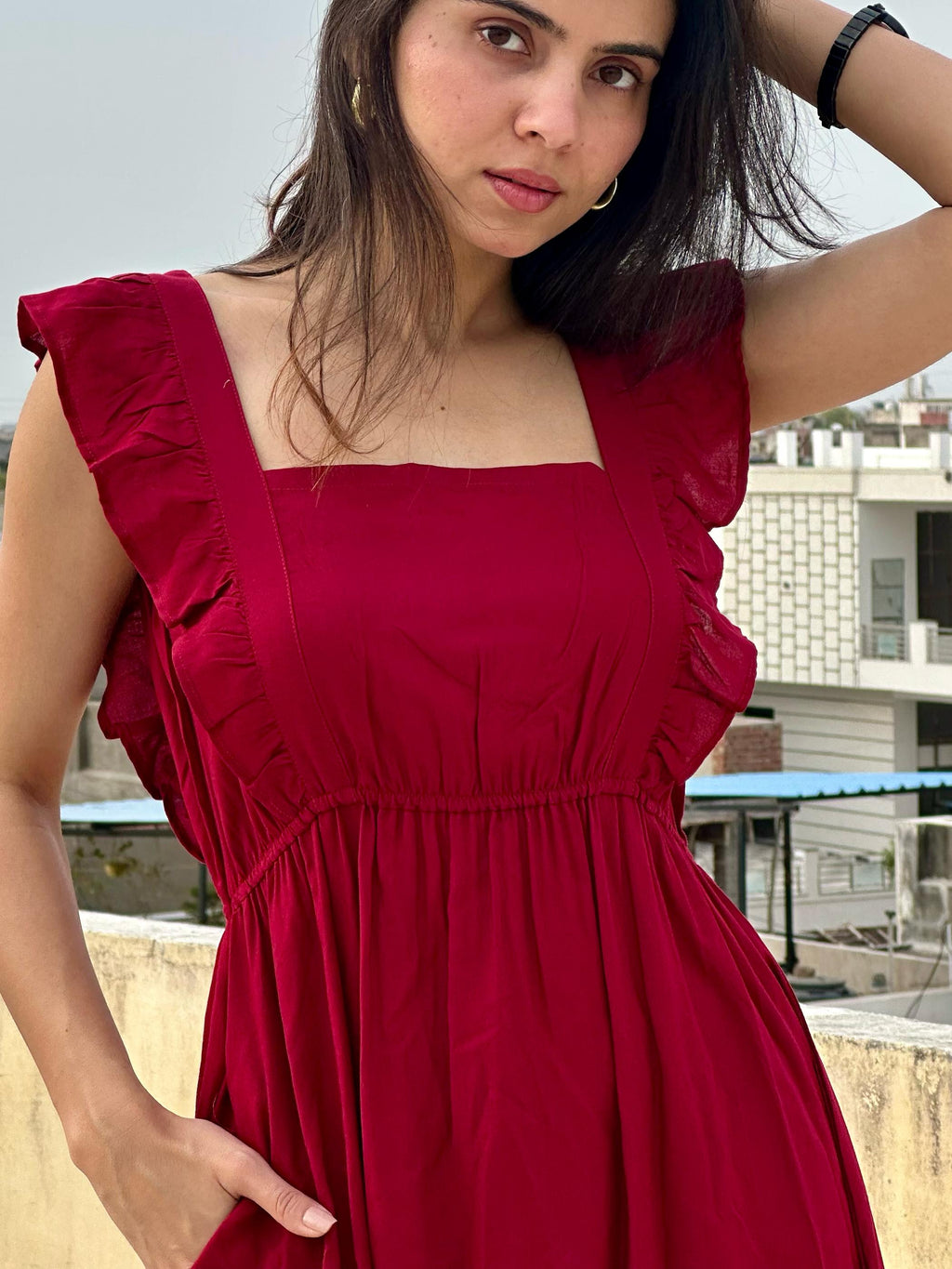 Elegant Maroon Tiered Maxi Dress with Ruffle Sleeves