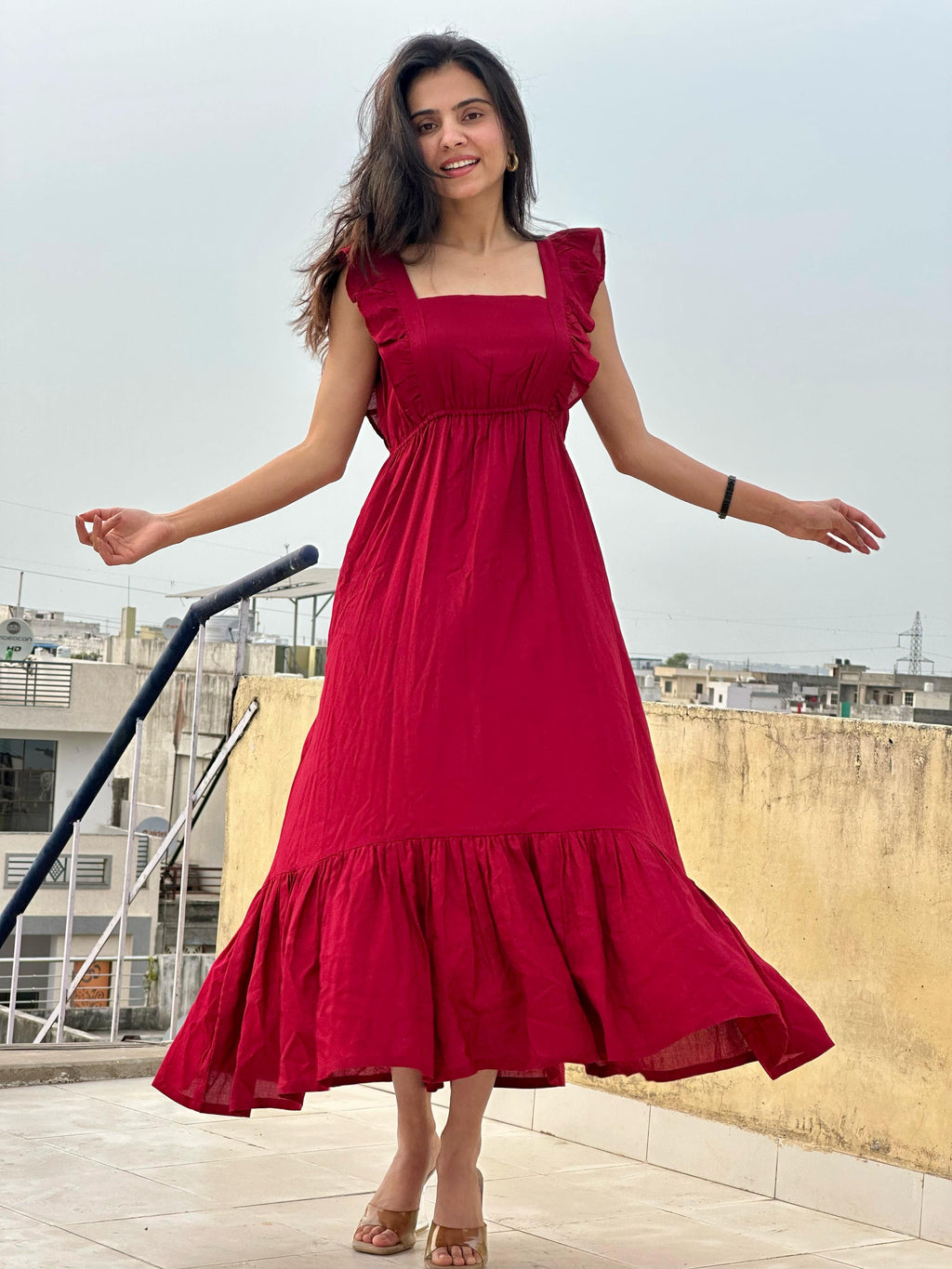 Elegant Maroon Tiered Maxi Dress with Ruffle Sleeves
