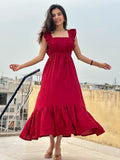 Elegant Maroon Tiered Maxi Dress with Ruffle Sleeves
