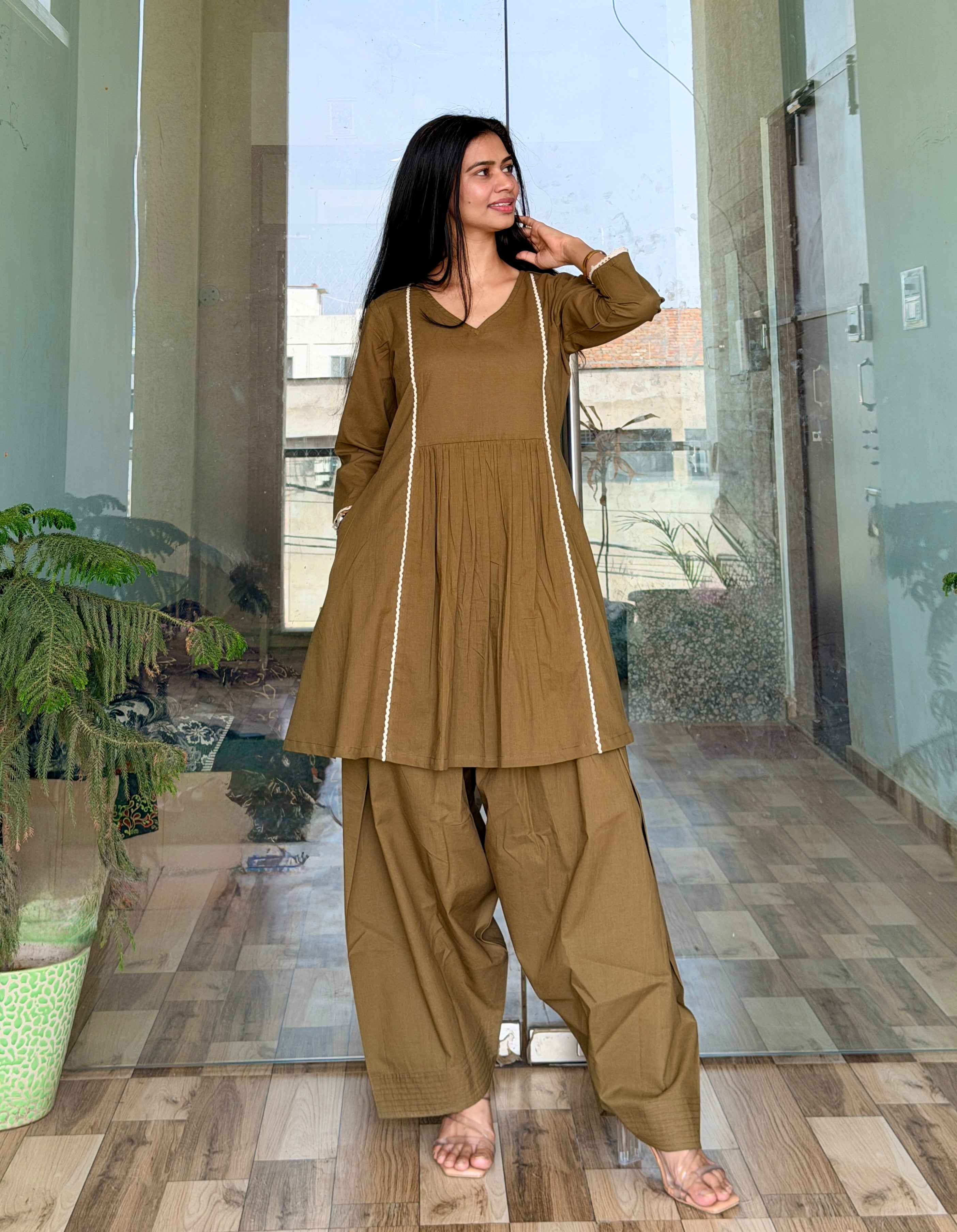 Women’s Solid Kurta with Farshi Salwar Set | Ethnic Kurti Farshi Salwar Style | Comfortable Cotton Kurta Salwar Set for Casual & Festive Wear