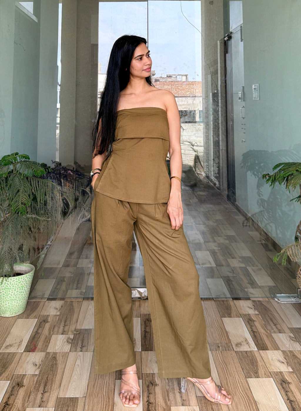 Women’s Solid Co-Ord Set | Strapless Tube Top & Wide Leg Pants | Casual Stylish Two-Piece Outfit | Summer Wear