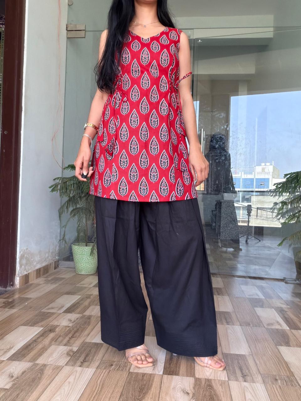 Red Printed Sleeveless Kurti with Black Palazzo Set – Elegant Ethnic Fusion Wear