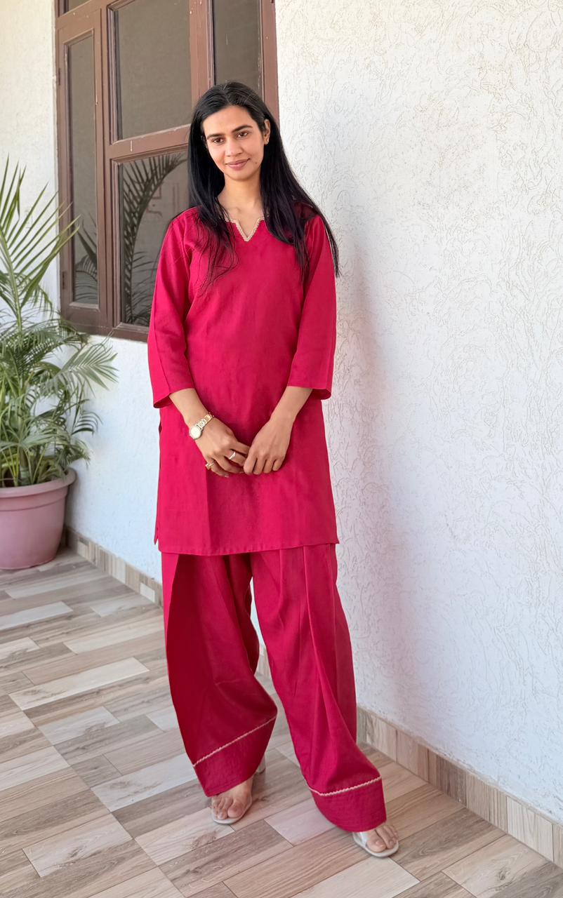 Solid Red Kurti with Matching Palazzo Set – Elegant Minimal Ethnic Wear