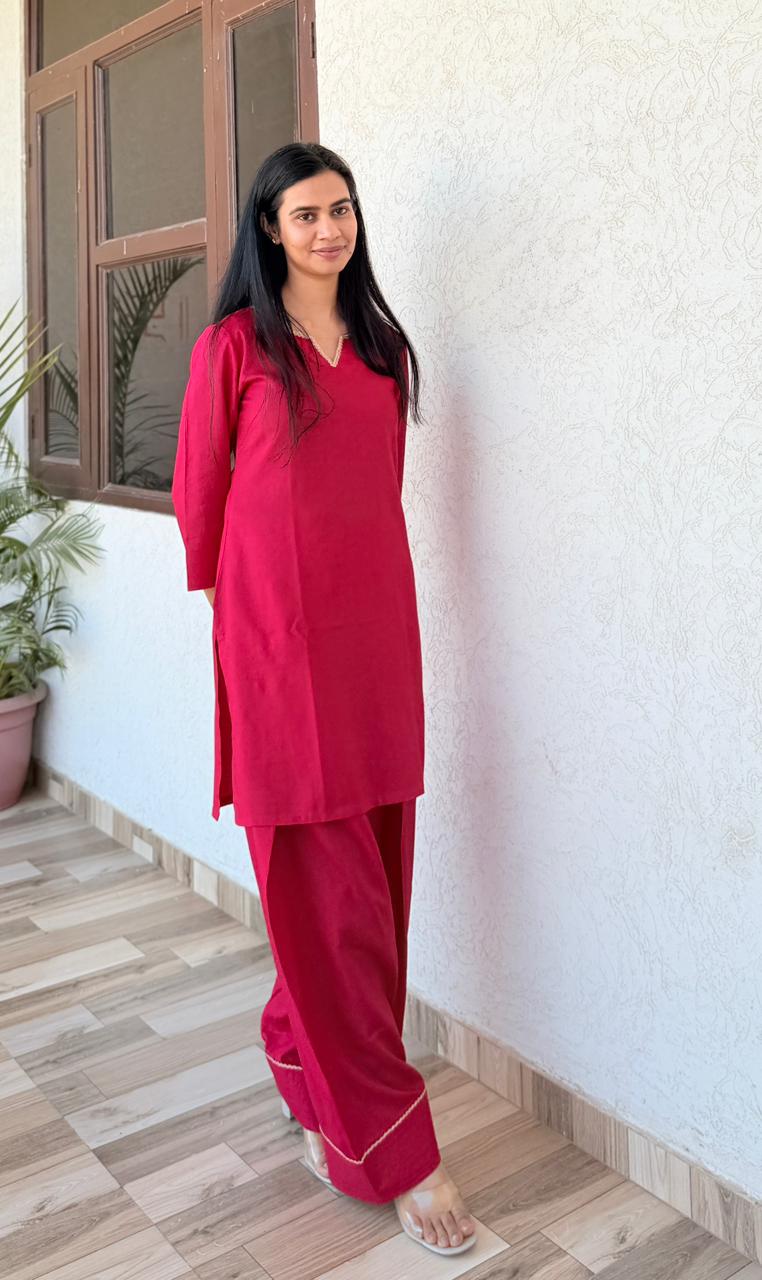 Solid Red Kurti with Matching Palazzo Set – Elegant Minimal Ethnic Wear