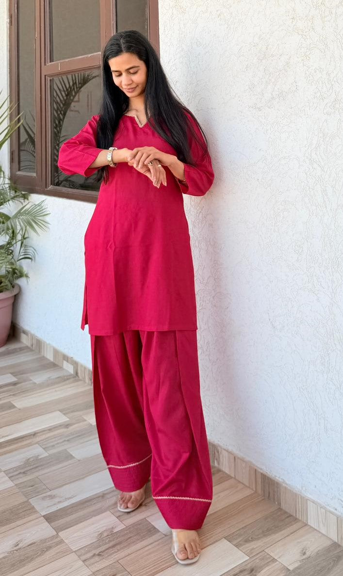 Solid Red Kurti with Matching Palazzo Set – Elegant Minimal Ethnic Wear