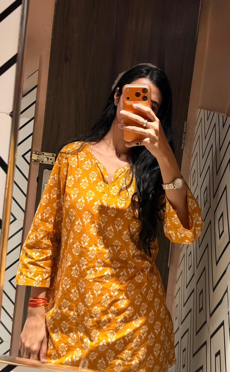 Mustard Printed Kurti with Cream Palazzo Set – Elegant Casual Ethnic Wear