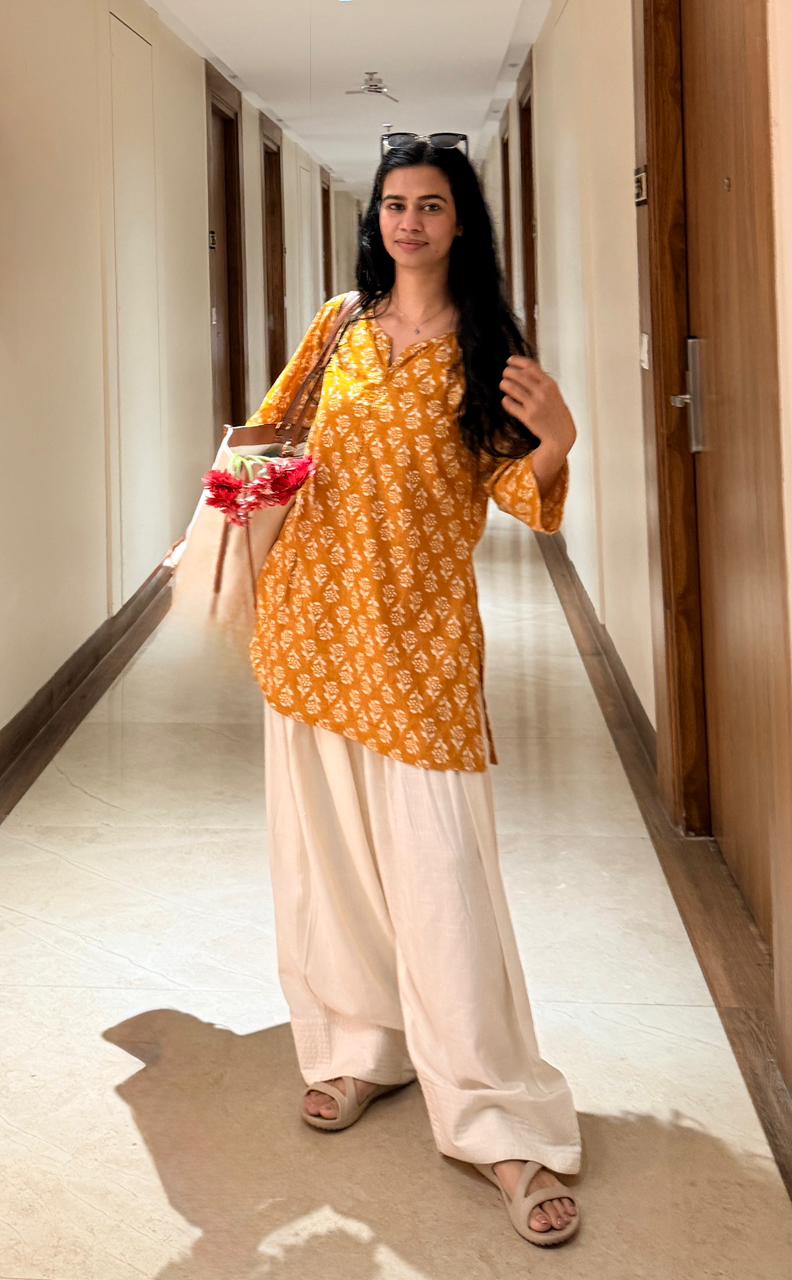 Mustard Printed Kurti with Cream Palazzo Set – Elegant Casual Ethnic Wear