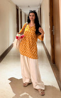 Mustard Printed Kurti with Cream Palazzo Set – Elegant Casual Ethnic Wear