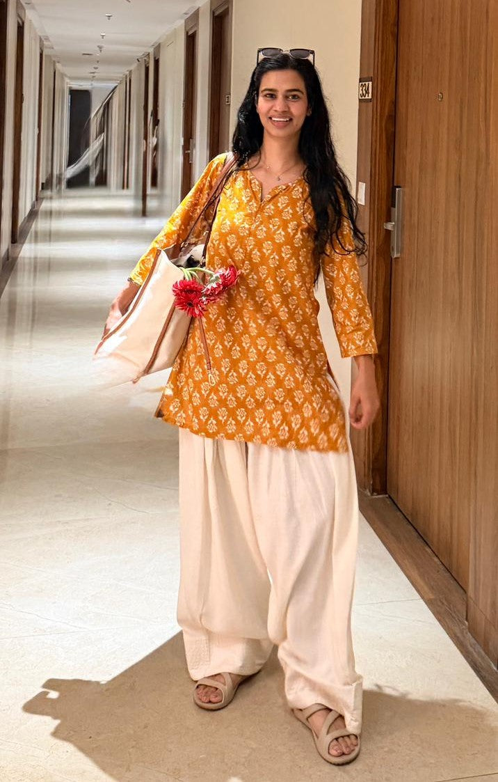 Mustard Printed Kurti with Cream Palazzo Set – Elegant Casual Ethnic Wear