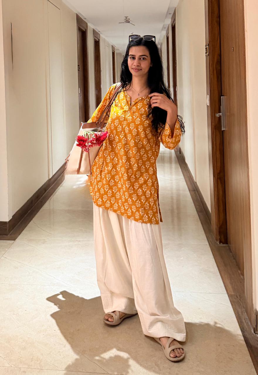 Mustard Printed Kurti with Cream Palazzo Set – Elegant Casual Ethnic Wear